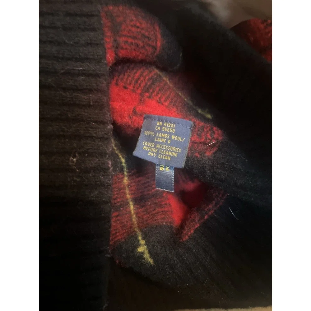 Polo‎ Ralph Lauren | Red & Black Plaid Lambswool Sweater | Shawl Collar | READ